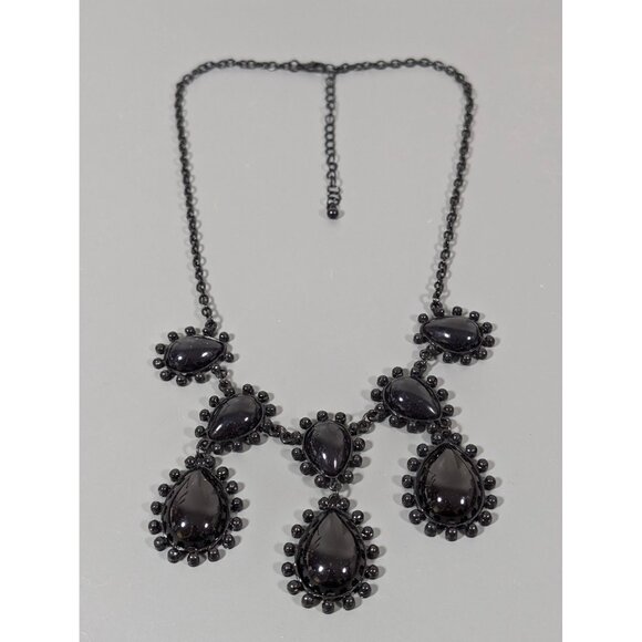 Black Teardrop Cabochon Charm Statement Necklace Bubble Gothic Bib 20" - Picture 2 of 7